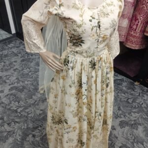 Cream Floral Anarkali with Shawl