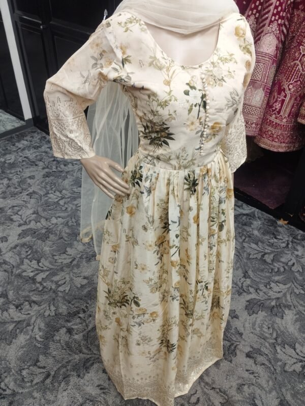 Cream Floral Anarkali with Shawl