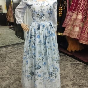 Blue Floral Anarkali with Shawl